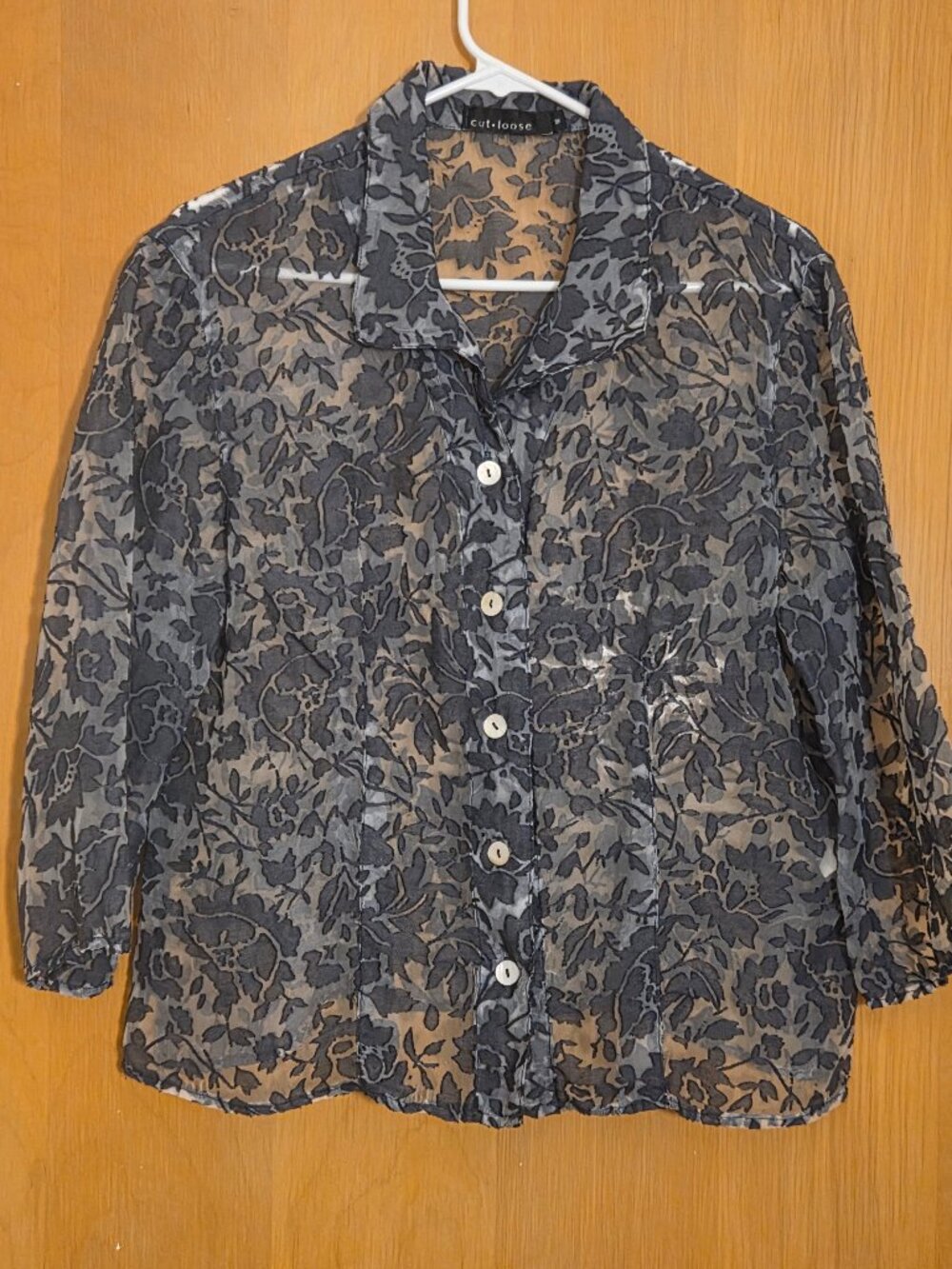 Cut Loose Button Up Shirt Womens M Gray Sheer Burn Out Floral Linen Blend Artsy